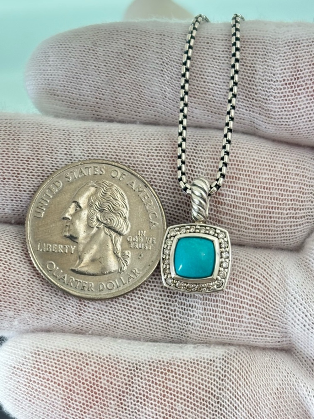 David Yurman Petite Albion Pendant Necklace with Turquoise & Diamonds 17" - Picture 8 of 9